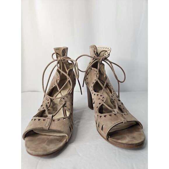 Nine West Sandals WMNS 7.5 Brown Janelo Heel Open Toe Block Strappy Boho Cut Out - Picture 2 of 7